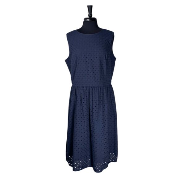 Brooks Brothers Women’s Dress 16 Navy Blue Eyelet Cotton Sleeveless Midi Preppy - Picture 1 of 10